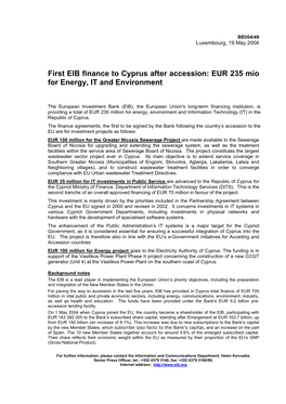 First EIB Finance to Cyprus After Accession: EUR 235 Mio for Energy, IT and Environment