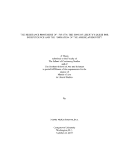 The Resistance Movement of 1765-1776: the Sons of Liberty‟S Quest for Independence and the Formation of the American Identity