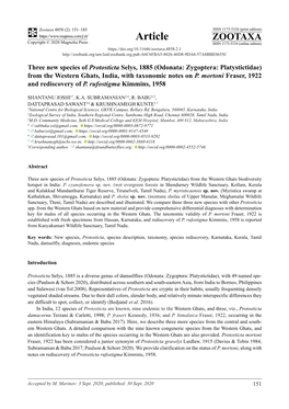 Three New Species of Protosticta Selys, 1885 (Odonata: Zygoptera: Platystictidae) from the Western Ghats, India, with Taxonomic Notes on P