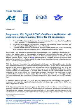 Press Release Fragmented EU Digital COVID Certificate Verification Will Undermine Smooth Summer Travel for EU Passengers
