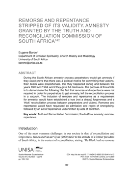 Remorse and Repentance Stripped of Its Validity. Amnesty Granted by the Truth and Reconciliation Commission of South Africa1&2