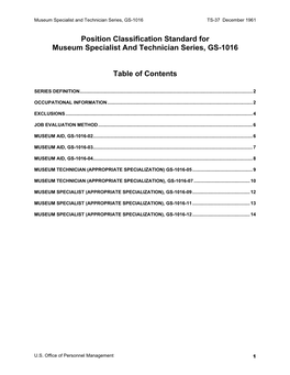 Museum Specialist and Technician Series, GS-1016 TS-37 December 1961