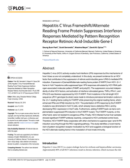 Hepatitis C Virus Frameshift/Alternate Reading Frame Protein Suppresses Interferon Responses Mediated by Pattern Recognition Receptor Retinoic-Acid-Inducible Gene-I