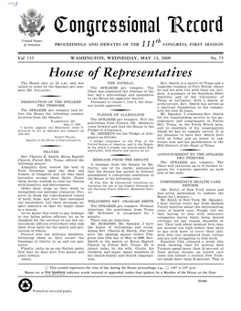 Congressional Record United States Th of America PROCEEDINGS and DEBATES of the 111 CONGRESS, FIRST SESSION