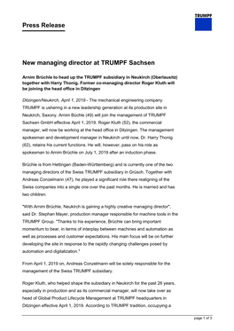 Press Release New Managing Director at TRUMPF Sachsen