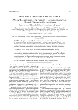 A Closer Look at Intraspecific Variation of Cerataphis Brasiliensis (Hempel) (Hemiptera: Hormaphididae)