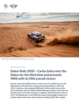 Dakar Rally 2020 – Carlos Sainz Wins the Dakar for the Third Time and Presents MINI with Its Fifth Overall Victory