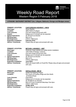 Weekly Road Report Western Region 5 February 2018