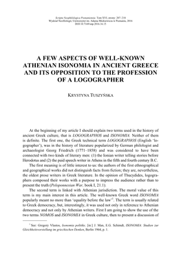 A Few Aspects of Well-Known Athenian Isonomia in Ancient Greece and Its Opposition to the Profession of a Logographer