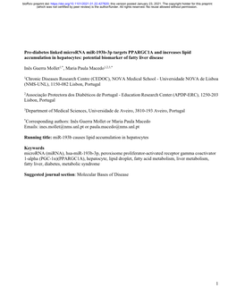 Pre-Diabetes Linked Microrna Mir-193B-3P Targets PPARGC1A and Increases Lipid Accumulation in Hepatocytes: Potential Biomarker of Fatty Liver Disease