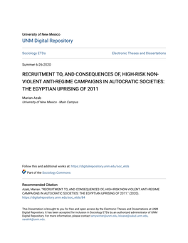 Recruitment To, and Consequences Of, High-Risk Non- Violent Anti-Regime Campaigns in Autocratic Societies: the Egyptian Uprising of 2011