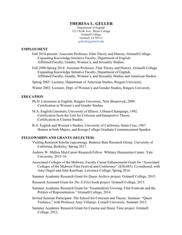 THERESA L. GELLER Department of English 1213 Sixth Ave., Mears Cottage Grinnell College Grinnell, IA 50112 Gellertl@Grinnell.Edu