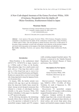 A New Crab-Shaped Anomura of the Genus Paralomis White, 1856 (Crustacea, Decapoda) from the Depths Off Okino-Torishima, Southernmost Island in Japan