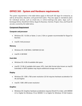 OFFICE 365 - System and Hardware Requirements