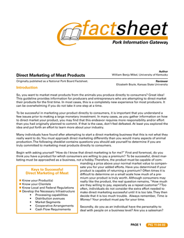 Direct Marketing of Meat Products William Benjy Mikel, University of Kentucky Originally Published As a National Pork Board Factsheet