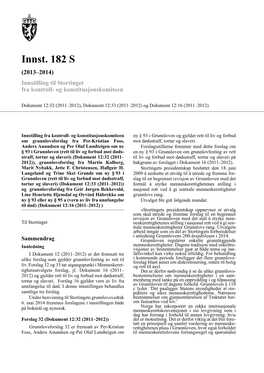 Innst. 182 S (2013–2014) Innstilling Til Stortinget Fra Kontroll- Og Konstitusjonskomiteen