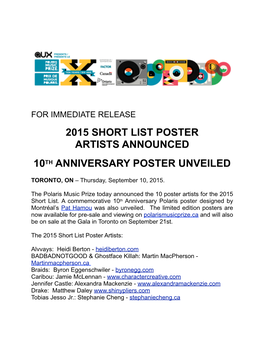 Polaris Music Prize Announces 2015 Short List Poster
