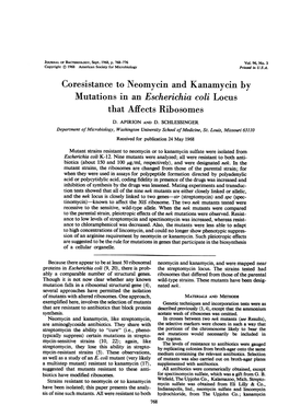 Coresistance to Neomycin and Kanamycin by Mutations in an Escherichia Coli Locus That Affects Ribosomes