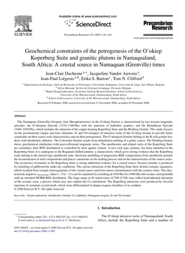 Geochemical Constraints of the Petrogenesis of the O'okiep