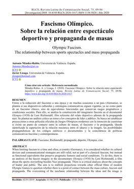 Fascismo Olímpico. Sobre La Relación Entre Espectáculo Deportivo Y Propaganda De Masas