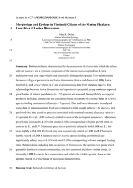 Morphology and Ecology in Tintinnid Ciliates of the Marine Plankton: 4 Correlates of Lorica Dimensions