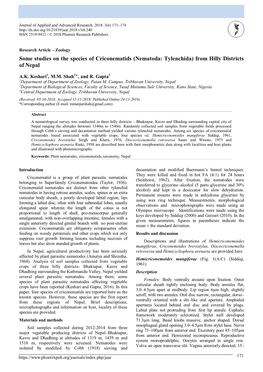 Some Studies on the Species of Criconematids (Nematoda: Tylenchida) from Hilly Districts of Nepal