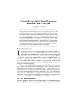 Semantic Isotopies in Interlingual Translation: Towards a Cultural Approach Evangelos Kourdis