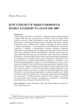 Kupcy Indyjscy W Międzynarodowym Handlu Zanzibaru W Latach 1840–1888*