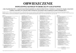 OBWIESZCZENIE POWIATOWEJ KOMISJI WYBORCZEJ W GOLENIOWIE Z Dnia 24 Października 2014 R