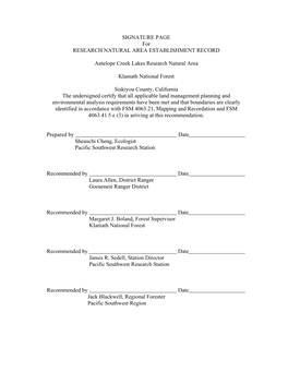 SIGNATURE PAGE for RESEARCH NATURAL AREA ESTABLISHMENT RECORD