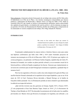 PROYECTOS MONARQUICOS EN EL RÍO DE LA PLATA- 1808 - 1816 Dr