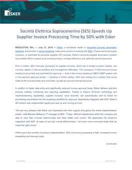 Società Elettrica Sopracenerina (SES) Speeds up Supplier Invoice Processing Time by 50% with Esker