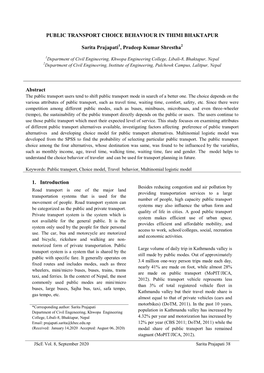 PUBLIC TRANSPORT CHOICE BEHAVIOUR in THIMI BHAKTAPUR Sarita Prajapati , Pradeep Kumar Shrestha Abstract 1. Introduction