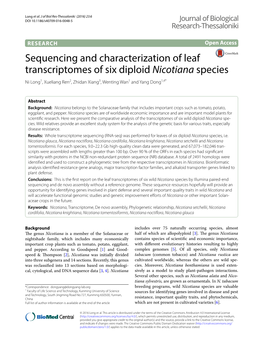 Sequencing and Characterization of Leaf Transcriptomes of Six Diploid Nicotiana Species Ni Long1, Xueliang Ren2, Zhidan Xiang3, Wenting Wan1 and Yang Dong1,4*