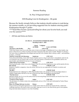 Summer Reading St. Pius X Regional School 2020 Reading Lists For