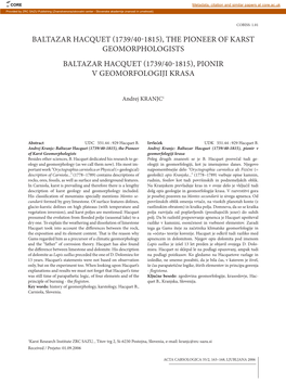 Baltazar Hacquet (1739/40-1815), the Pioneer of Karst Geomorphologists Baltazar Hacquet (1739/40-1815), Pionir V Geomorfologiji Krasa