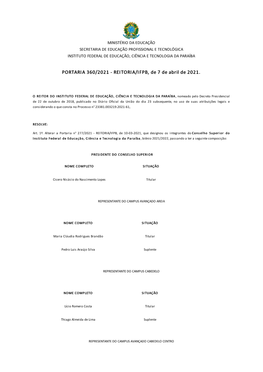 PORTARIA 360/2021 - REITORIA/IFPB, De 7 De Abril De 2021