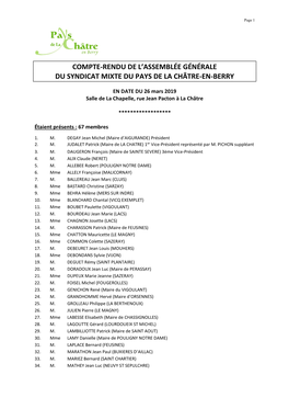 Compte Rendu Du Comité Syndical Du 26 Mars 2019