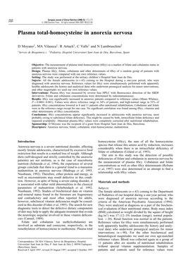 Plasma Total-Homocysteine in Anorexia Nervosa