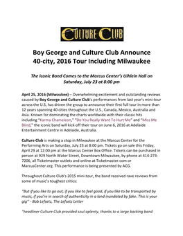Boy George and Culture Club Announce 40-City, 2016 Tour Including Milwaukee