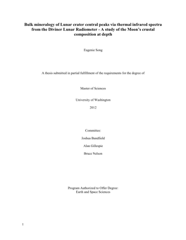 Bulk Mineralogy of Lunar Crater Central Peaks Via Thermal Infrared Spectra from the Diviner Lunar Radiometer - a Study of the Moon’S Crustal Composition at Depth