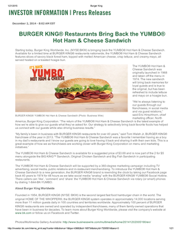 BURGER KING® Restaurants Bring Back the YUMBO® Hot Ham & Cheese Sandwich