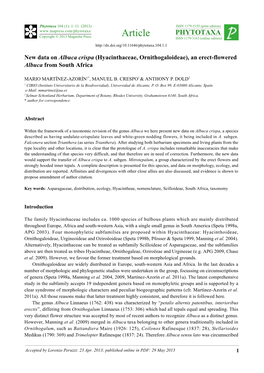 New Data on Albuca Crispa (Hyacinthaceae, Ornithogaloideae), an Erect-Flowered Albuca from South Africa