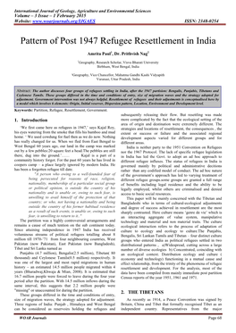 Pattern of Post 1947 Refugee Resettlement in India