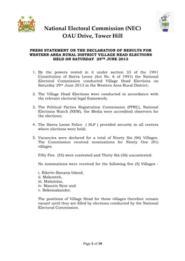 Declaration of Results for Western Area Rural District Village Head Elections Held on Saturday 29Th June 2013