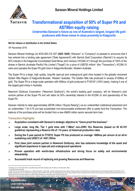 Transformational Acquisition of 50% of Super Pit and A$796M Equity Raising