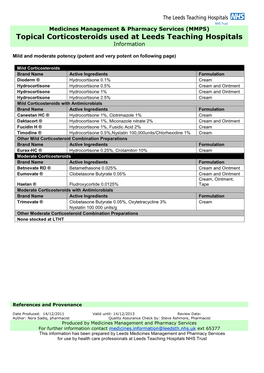 Topical Corticosteroids Used at Leeds Teaching Hospitals Information