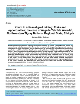 Youth in Artisanal Gold Mining: Risks and Opportunities; the Case of Asgede Tsimbla Woredai, Northwestern Tigray National Regional State, Ethiopia