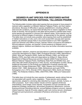 Appendix B Desired Plant Species for Restored Native Vegetation, Midewin