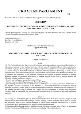 Security and Intelligence System Act of the Republic of Croatia
